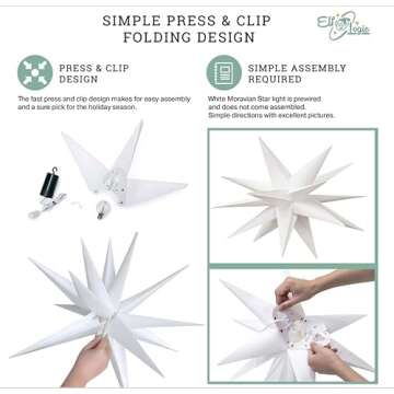 Elf Logic Large 18” Easy Assembly Warm White LED Moravian Star - Hanging Outdoor Christmas Light - Use as Holiday Decoration, Porch Light, 3D Fixture, Advent Star, Wedding & Ballroom Venue Decor