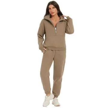 COZYPOIN Women's Half Zip 2 Piece Outfits Sweatsuit Fleece Pullover Long Sleeve Sweatshirt Jogger Sets (Khaki-Small)