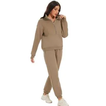 COZYPOIN Women's Half Zip 2 Piece Outfits Sweatsuit Fleece Pullover Long Sleeve Sweatshirt Jogger Sets (Khaki-Small)