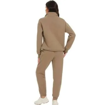 COZYPOIN Women's Half Zip 2 Piece Outfits Sweatsuit Fleece Pullover Long Sleeve Sweatshirt Jogger Sets (Khaki-Small)
