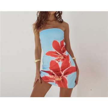 Fuimsul Women Sexy Strapless Floral Pattern Bodycon Tube Mini Dress Summer Skinny Sleeveless Backless Bandeau Tube Dress Blue
