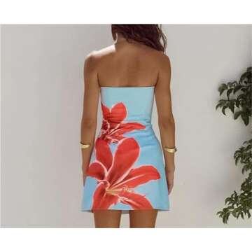 Fuimsul Women Sexy Strapless Floral Pattern Bodycon Tube Mini Dress Summer Skinny Sleeveless Backless Bandeau Tube Dress Blue
