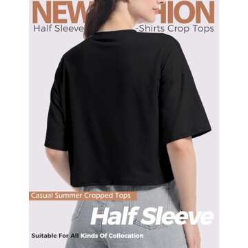 Women's Basics Crop Top Drop Shoulder T Shirt Half Sleeve Cropped Tee Crewneck Cropped T-Shirts Short Sleeve Crop Tops Casual Summer Solid Crop Tops A-Black