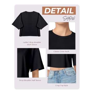 Women's Basics Crop Top Drop Shoulder T Shirt Half Sleeve Cropped Tee Crewneck Cropped T-Shirts Short Sleeve Crop Tops Casual Summer Solid Crop Tops A-Black