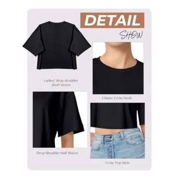 Women's Basics Crop Top Drop Shoulder T Shirt Half Sleeve Cropped Tee Crewneck Cropped T-Shirts Short Sleeve Crop Tops Casual Summer Solid Crop Tops A-Black