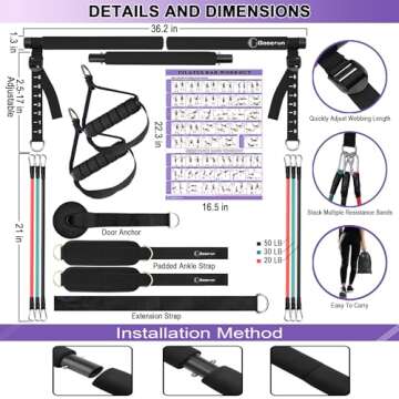 Portable Pilates Bar and Resistance Band Set with Handles. Multipurpose Home Gym with Door Anchor and Extension Belt, Supports Full-Body Workouts - with Fitness Poster and Video