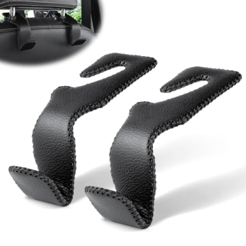 LivTee Black Superior Leather Car Seat Back Headrest Hook - 2-Pack for Organizing