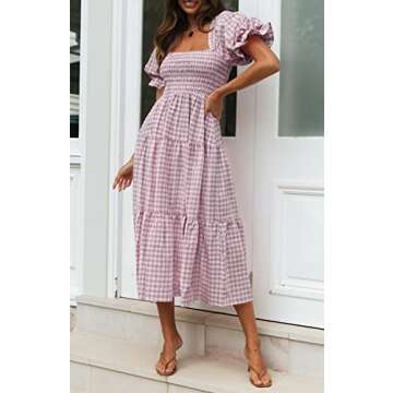 ZESICA Bohemian Summer Midi Dress with Puff Sleeves