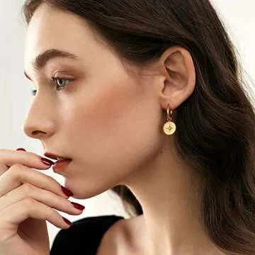 BUEMMR 14K Gold Plated Smooth Mirror Compass Hoop Earrings for Women, Jewelry for Women