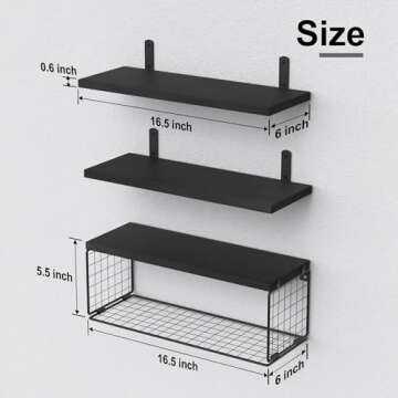 WOPITUES Bathroom Shelf Over Toilet, Floating Bathroom Shelf Wall Mounted with Wire Basket, Floating Shelf for Wall Décor-Black