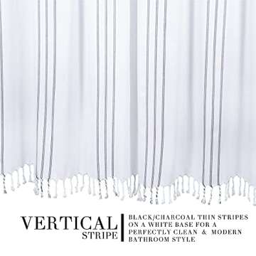 HALL & PERRY Modern Transitional White Stripe Shower Curtain with Tassels - Vertical Black Lines Striped 100% Cotton, 72" x 72"