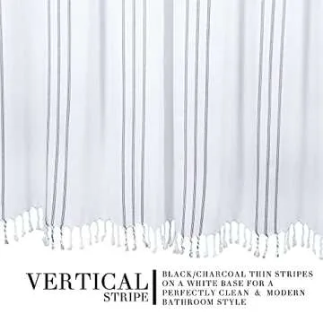 HALL & PERRY Modern Transitional White Stripe Shower Curtain with Tassels - Vertical Black Lines Striped 100% Cotton, 72" x 72"