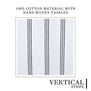 HALL & PERRY Modern Transitional White Stripe Shower Curtain with Tassels - Vertical Black Lines Striped 100% Cotton, 72" x 72"