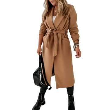 Womens Classic Coat Lapel Collar Open Front Belted Long Jacket