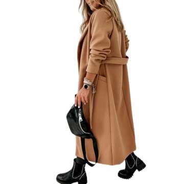 Womens Classic Coat Lapel Collar Open Front Belted Long Jacket