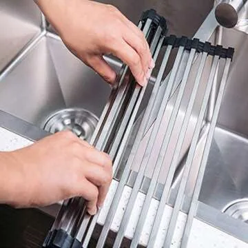 TangFuRen Sink Drying Rack Kitchen Roll up Dish Drying Rack Over The Sink Portable Dish Rack Dish Drainer Detachable SUS304 Stainless Steel Square Tube Dish Drying Rack (19.8''x16.65'')