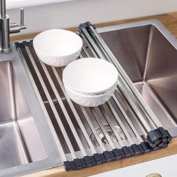 TangFuRen Sink Drying Rack Kitchen Roll up Dish Drying Rack Over The Sink Portable Dish Rack Dish Drainer Detachable SUS304 Stainless Steel Square Tube Dish Drying Rack (19.8''x16.65'')
