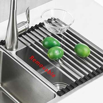 TangFuRen Sink Drying Rack Kitchen Roll up Dish Drying Rack Over The Sink Portable Dish Rack Dish Drainer Detachable SUS304 Stainless Steel Square Tube Dish Drying Rack (19.8''x16.65'')