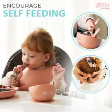BNU Baby Feeding Set - Silicone Baby Bib, Baby Bowl with Suction, Baby feeding Spoon, Travel Bag - Baby Led Weaning Supplies - Self Eating Baby Utensils Toddler Utensils - Baby Essentials-Baby spoons
