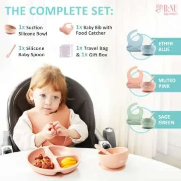 BNU Baby Feeding Set - Silicone Baby Bib, Baby Bowl with Suction, Baby feeding Spoon, Travel Bag - Baby Led Weaning Supplies - Self Eating Baby Utensils Toddler Utensils - Baby Essentials-Baby spoons