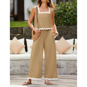 ZESICA Summer 2 Piece Sets for Women Casual Tank Top and Wide Leg Pants Matching Lounge Pajama Sets Vacation Travel Outfits,Khaki,Medium