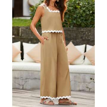 ZESICA Summer 2 Piece Sets for Women Casual Tank Top and Wide Leg Pants Matching Lounge Pajama Sets Vacation Travel Outfits,Khaki,Medium