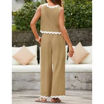 ZESICA Summer 2 Piece Sets for Women Casual Tank Top and Wide Leg Pants Matching Lounge Pajama Sets Vacation Travel Outfits,Khaki,Medium