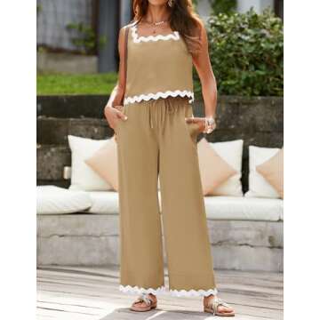 ZESICA Summer 2 Piece Sets for Women Casual Tank Top and Wide Leg Pants Matching Lounge Pajama Sets Vacation Travel Outfits,Khaki,Medium