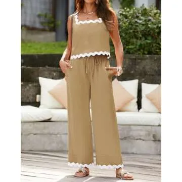 ZESICA Summer 2 Piece Sets for Women Casual Tank Top and Wide Leg Pants Matching Lounge Pajama Sets Vacation Travel Outfits,Khaki,Medium