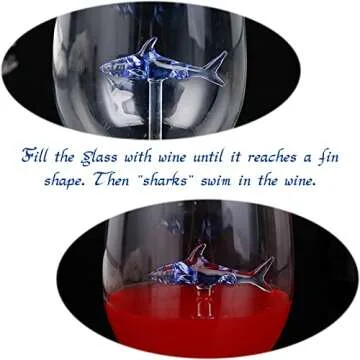 Shark Wine Glass with Shark Inside, Unique 3D Blue Colored Shark Wine Glasses (Set of 2), Personalized Shark in Red Wine Cups, Modern Shark Lover Gifts for Women Party Birthday Wedding (Goblet)