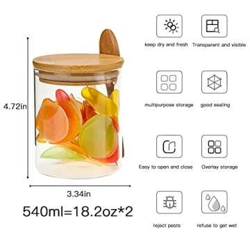 2-Pack Round Glass Jar Containers,100% Sealed Borosilicate Glass bamboo Spice Jars with Bamboo Lid and Bamboo Spoon for Candy, Spices, Coffee Beans, Nuts, Condiments, Cookies, Flour,540ml ( 18.2 oz)