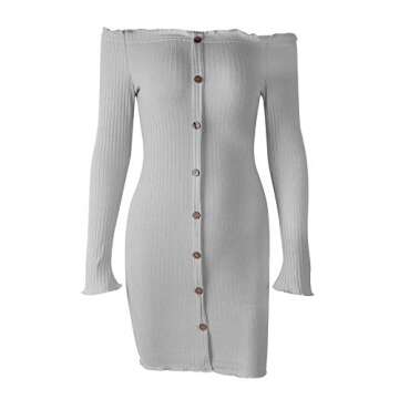 Susupeng Women's Off The Shoulder Ruched Long Sleeve Ribbed Bodycon Buttons Sexy Mini Dress (Medium, Grey)