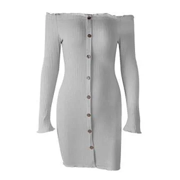 Susupeng Women's Off The Shoulder Ruched Long Sleeve Ribbed Bodycon Buttons Sexy Mini Dress (Medium, Grey)