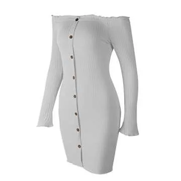 Susupeng Women's Off The Shoulder Ruched Long Sleeve Ribbed Bodycon Buttons Sexy Mini Dress (Medium, Grey)