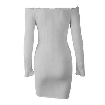 Susupeng Women's Off The Shoulder Ruched Long Sleeve Ribbed Bodycon Buttons Sexy Mini Dress (Medium, Grey)