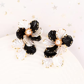 IDEAJOY Bohemian Shell Earrings for Women Vintage Hawaiian Pearl Bud Flower Earrings Unique Petal Statement Acrylic Dangle Earrings Women Wedding Holiday Summer Jewelry Accessories, Black and White