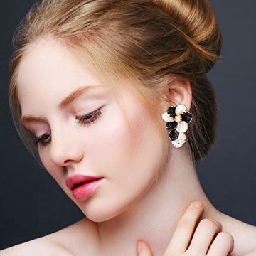 IDEAJOY Bohemian Shell Earrings for Women Vintage Hawaiian Pearl Bud Flower Earrings Unique Petal Statement Acrylic Dangle Earrings Women Wedding Holiday Summer Jewelry Accessories, Black and White