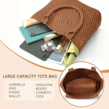 Woven Tote Bag for Women Fashion Woven Bags for Women Shoulder Bag Vegan Leather Handbags Large Work Travel Beach Tote Bags With Purse Brown