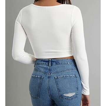Artfish Women's Long Sleeve Scoop Neck V Notch Ribbed Slim Fitted Casual Basic Crop Top (White, S)