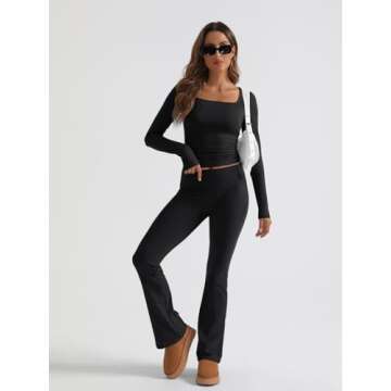 Trendy Queen Womens Two Piece Lounge Sets 2 Piece Fall Outfits Long Sleeve Square Neck Tops Flare Pants Tracksuits Clothes Black S