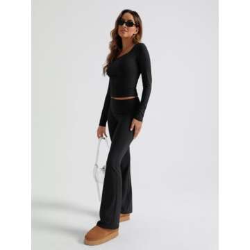 Trendy Queen Womens Two Piece Lounge Sets 2 Piece Fall Outfits Long Sleeve Square Neck Tops Flare Pants Tracksuits Clothes Black S