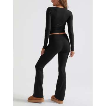 Trendy Queen Womens Two Piece Lounge Sets 2 Piece Fall Outfits Long Sleeve Square Neck Tops Flare Pants Tracksuits Clothes Black S