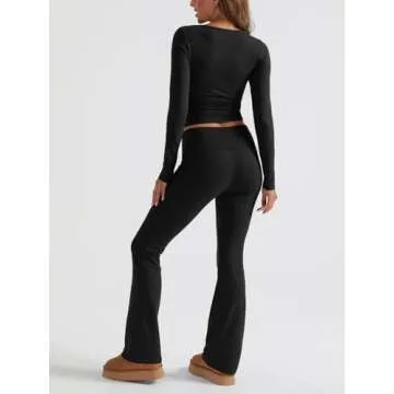 Trendy Queen Womens Two Piece Lounge Sets 2 Piece Fall Outfits Long Sleeve Square Neck Tops Flare Pants Tracksuits Clothes Black S