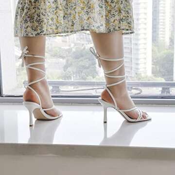 LISHAN Women's Ankle Strappy Gladiator High Heels Open Square Toe Backless Stiletto Heel Criss-cross Lace Up Prom Party Dress Heeled Sandals White Size 10