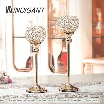 VINCIGANT Gold Crystal Candle Holders Set of 2,Pillar Candlesticks for Table Centerpieces, Christmas Home Decor Wedding Party Housewarming Gift