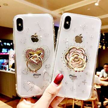 DMaos SE 2020 Case with Ring Holder for Women, Embed Diamonds Design for Women, Soft TPU Crystal Clear Slim Cover with Rhinestone Kickstand - Flower 3.8+7