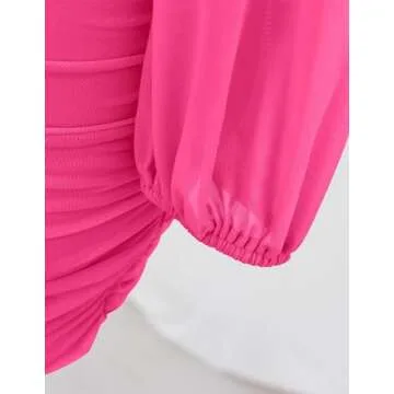 ZESICA Women's Sexy V Neck Ruched Bodycon Mini Dress Puff Long Sleeve Cocktail Wedding Party Short Dresses,Rose,Small