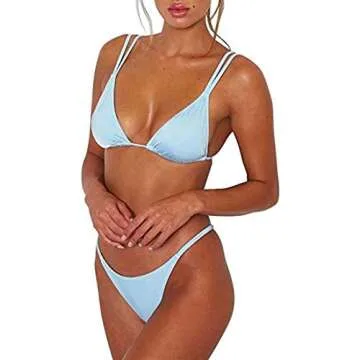 Women's Cheeky Bottom Swimsuit Double Strap Bikini Sexy Triangle 2PCS Beach Suit Thong Swimwear Turq...