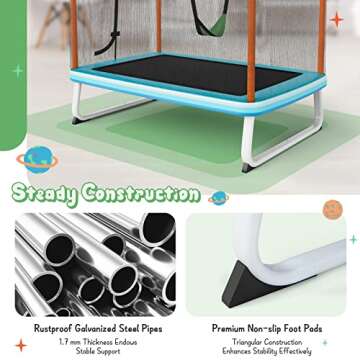 Giantex 6Ft Kids Trampoline with Swing and Horizontal Bar, ASTM Approved Small Trampoline with Net, L-Shaped 2 Way Zippers, Indoor Outdoor Rectangle Toddler Trampoline for Kids Age 3+ (Blue/Orange)