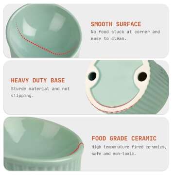 SUNQEBO Elevated Cat Bowls, Raised Cat Bowl for Indoor Cats, Tilted Ceramic Elevated Food or Water Bowls Anti Vomit Whisker Friendly Bowls 2 Pcs, Round Shape (White + Light Green)